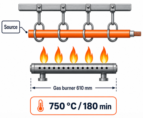 IEC 60331-25 brannbestandig kabeltest ved 750 grader i 180 minutter
